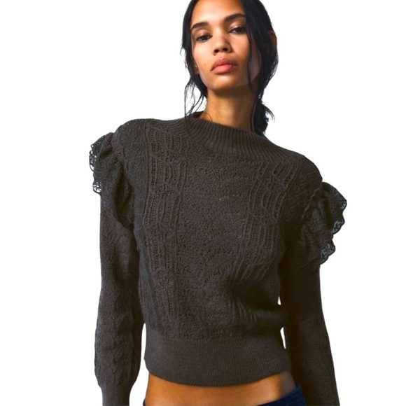 Zara Ruffled Lace Pointelle Knit Long Sleeve Lightweight Dark Gray Sweater - Picture 1 of 13